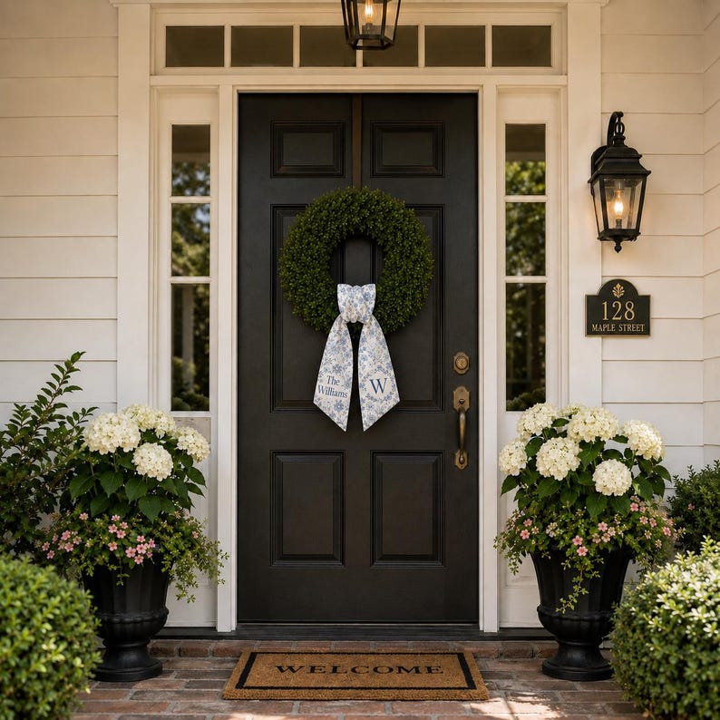 Personalized Chinoiserie Wreath Sash, Blue White Floral Door Bow, Custom Family Name Monogram Sash, Elegant Front Door Decor image 4