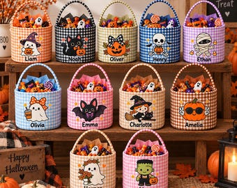 Cestino di caramelle di Halloween personalizzato, cestino "Dolcetto o scherzetto" personalizzato per bambini, design a quadretti con zucca, fantasma e strega, simpatico regalo per la festa di Halloween