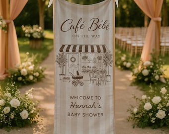 Bannière de bienvenue personnalisée pour bébé, café français, toile de fond personnalisée pour baby shower sur le thème de la boutique de café, affiche de fête élégante à rayures vintage