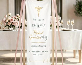 Decoración para fiesta de graduación de futuros médicos, póster de bienvenida personalizado para la facultad de medicina, pancarta blanca y dorada para graduados en medicina, letrero para graduados en atención médica.