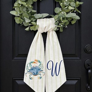 Personalized Blue Crab Wreath Sash Monogrammed Initial (PRINT) Door Decor, Coastal Beach House Front Porch Decoration, Custom Summer