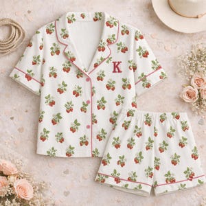 Personalized Strawberry Satin Pajamas Set For Women Custom Initial Monogram (Print) Short Sleeve Pjs Bridal Party Bridesmaid Gift Silk