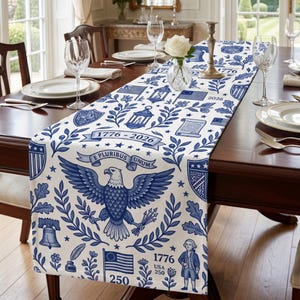 Camino de mesa vintage con águila patriótica, decoración de cocina con campana de la libertad para el 4 de julio, regalo de estilo chinoiserie con historia de Estados Unidos para el hogar.