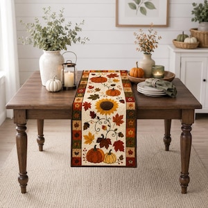 Autumn Fall Table Runner, 2D Print Patchwork Pumpkin Sunflower Dining Decor, Autumn Maple Leaf Tablecloth, Thanksgiving Family GIFT 2026
