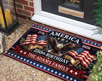Alfombra personalizada para celebrar los 250 años de Estados Unidos, felpudo conmemorativo del 4 de julio, águila calva, regalo patriótico para la familia Adams.