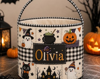 Personalized Halloween Basket, Custom Trick or Treat Bag, Kids Fabric Candy Bucket, Cute Witch Ghost Canvas Tote, Kids GIFT 2026