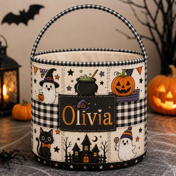 Personalized Halloween Basket, Custom Trick or Treat Bag, Kids Fabric Candy Bucket, Cute Witch Ghost Canvas Tote, Kids GIFT 2026
