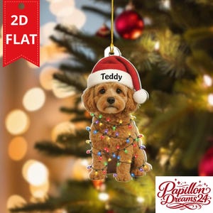 May include: A flat, two-dimensional hanging ornament featuring a golden-brown puppy wearing a red and white Santa hat with the name Teddy printed on the brim. The puppy is wrapped in a string of colorful, glowing Christmas tree lights.