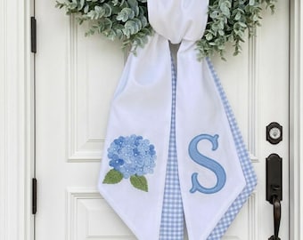 Personalized Hydrangea Wreath Sash With Monogram Letter Custom Blue Floral Door Scarf Embroidered Spring Summer Decoration Housewarming Gift
