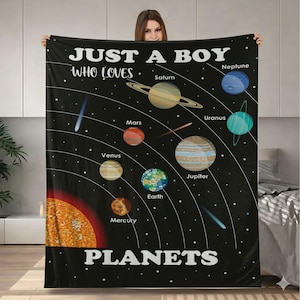 Just A Boy Who Loves Planets Blanket Custom Solar System Name Blanket For Kids Toddler Space Theme Bedroom Decor Outer Space Galaxy Fleece