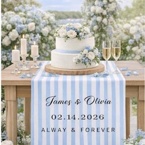 Peut inclure: Un gâteau de mariage blanc à deux niveaux avec des décorations florales bleues et blanches est posé sur une table en bois. Un chemin de table à rayures bleues et blanches affiche les noms "James & Olivia" et la date "02.14.2026".