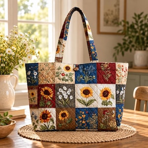May include: A quilted tote bag featuring a patchwork design of various floral patterns, including sunflowers and daisies, in shades of blue, red, brown, and cream. The bag has two matching fabric handles and a single button closure at the top center.