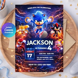 Sonic Birthday Invitation, Sonic Theme Party Invite, Editable 5x7 Inch, Digital Canva instant Download