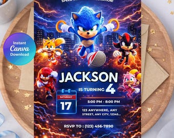 Sonic Birthday Invitation, Sonic Theme Party Invite, Editable 5x7 Inch, Digital Canva instant Download