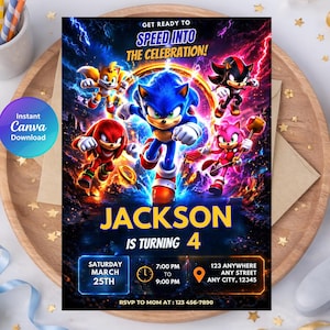 Zaproszenie urodzinowe Sonic, edytowalne zaproszenie na imprezę Sonic the Hedgehog, cyfrowe 5x7 do pobrania natychmiast