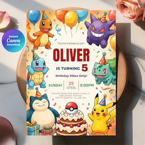 Pokemon Birthday Invitation, Pikachu Birthday Invite, Editable Template, Digital Instant Download
