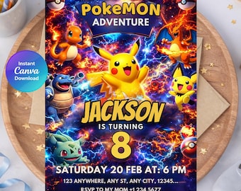 Faire-part d'anniversaire Pokémon, invitation à une fête Pokémon, modèle de carte pour enfants, toile éditable en téléchargement numérique