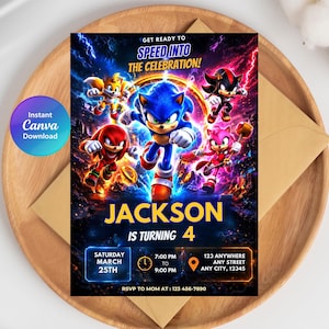 May include: A colorful birthday invitation featuring Sonic the Hedgehog and friends. The invitation includes the text "Jackson is turning 4" and event details. The design is set against a vibrant, action-packed background with the words "Get Ready to Speed Into the Celebration!"