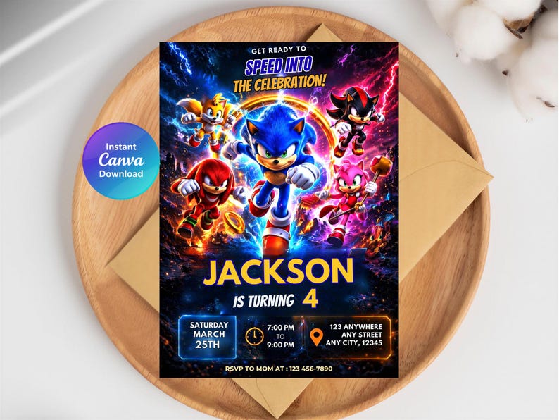 May include: A colorful birthday invitation featuring Sonic the Hedgehog and friends. The invitation includes the text "Jackson is turning 4" and event details. The design is set against a vibrant, action-packed background with the words "Get Ready to Speed Into the Celebration!"