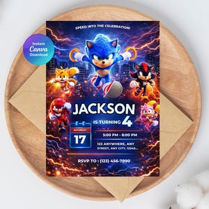 May include: A vibrant birthday invitation featuring Sonic the Hedgehog and friends. The invitation includes the name "Jackson" and the age "4", with event details and RSVP information. The design is set against a dynamic, electric blue and orange background.