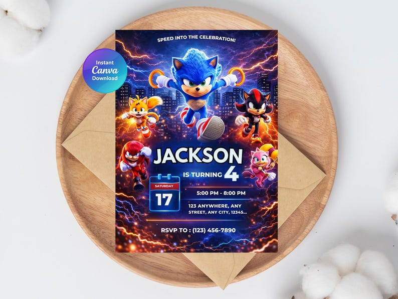 May include: A vibrant birthday invitation featuring Sonic the Hedgehog and friends. The invitation includes the name "Jackson" and the age "4", with event details and RSVP information. The design is set against a dynamic, electric blue and orange background.