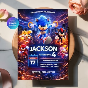 May include: A vibrant birthday invitation featuring Sonic the Hedgehog and friends. The invitation is for Jackson's 4th birthday, with event details including the date, time, and location. The design includes a cityscape background with lightning effects.