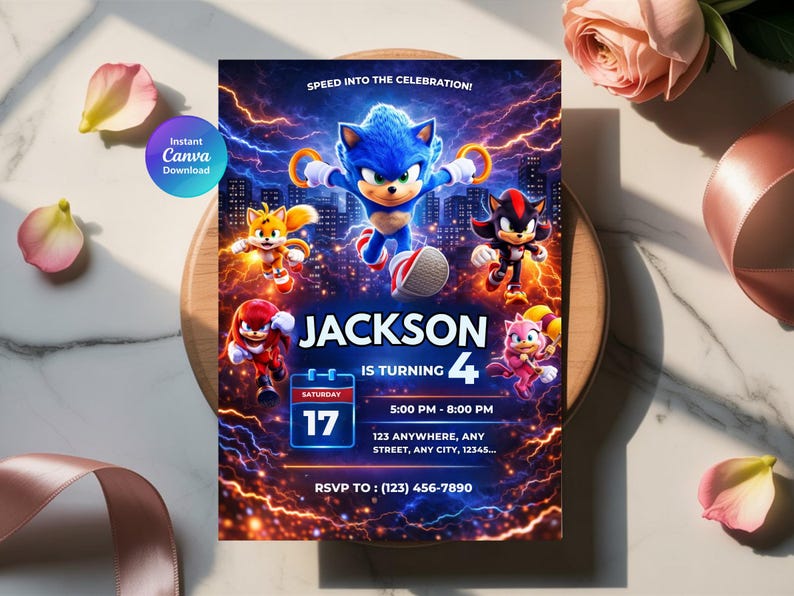 May include: A vibrant birthday invitation featuring Sonic the Hedgehog and friends. The invitation is for Jackson's 4th birthday, with event details including the date, time, and location. The design includes a cityscape background with lightning effects.