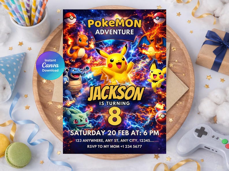 May include: A colorful birthday invitation featuring various Pokémon characters. The invitation reads "Pokemon Adventure" and "Jackson is turning 8." Additional text includes the date, time, and RSVP information. The design is set against a vibrant, electric-themed background.