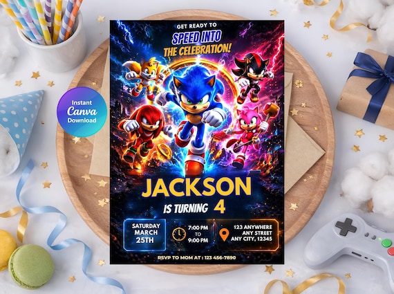Sonic Birthday Invitation, Editable Sonic the Hedgehog Party Invite, 5x7 Digital Instant Download