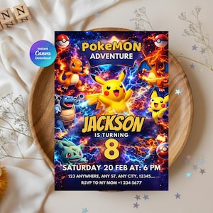 May include: A vibrant birthday invitation featuring the text "PokeMON Adventure" and the name "Jackson". The design includes various cartoon characters and the number 8. The date and time are also displayed.
