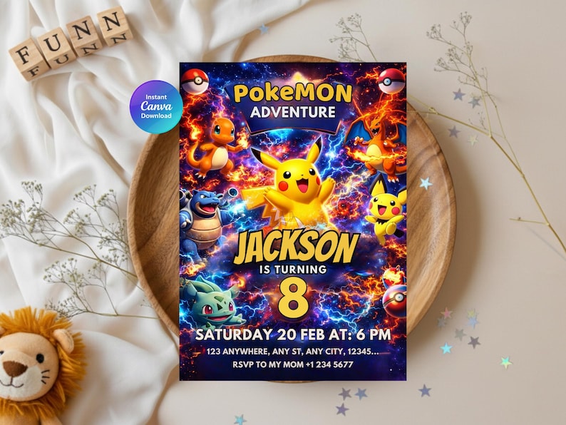 May include: A vibrant birthday invitation featuring the text "PokeMON Adventure" and the name "Jackson". The design includes various cartoon characters and the number 8. The date and time are also displayed.
