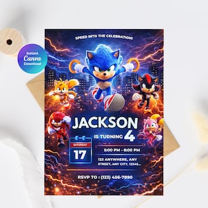 May include: A vibrant invitation featuring Sonic the Hedgehog and friends against a cityscape backdrop with lightning effects. The invitation reads "JACKSON IS TURNING 4" with event details. The design includes the text "SPEED INTO THE CELEBRATION!" and "Instant Canva Download".