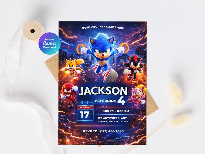 May include: A vibrant invitation featuring Sonic the Hedgehog and friends against a cityscape backdrop with lightning effects. The invitation reads "JACKSON IS TURNING 4" with event details. The design includes the text "SPEED INTO THE CELEBRATION!" and "Instant Canva Download".