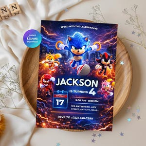 May include: A birthday party invitation featuring Sonic the Hedgehog and friends. The invitation is for a child named Jackson, who is turning 4. The design includes a cityscape background and lightning effects. The date, time, and RSVP information are also included.