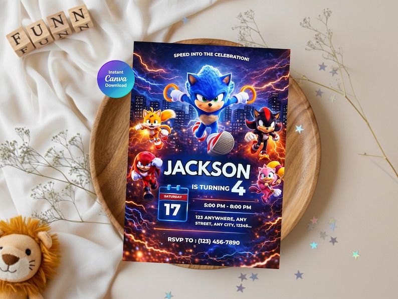 May include: A birthday party invitation featuring Sonic the Hedgehog and friends. The invitation is for a child named Jackson, who is turning 4. The design includes a cityscape background and lightning effects. The date, time, and RSVP information are also included.
