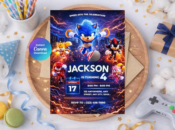 Sonic Birthday Invitation, Sonic Theme Party Invite, Editable 5x7 Inch, Digital Canva instant Download