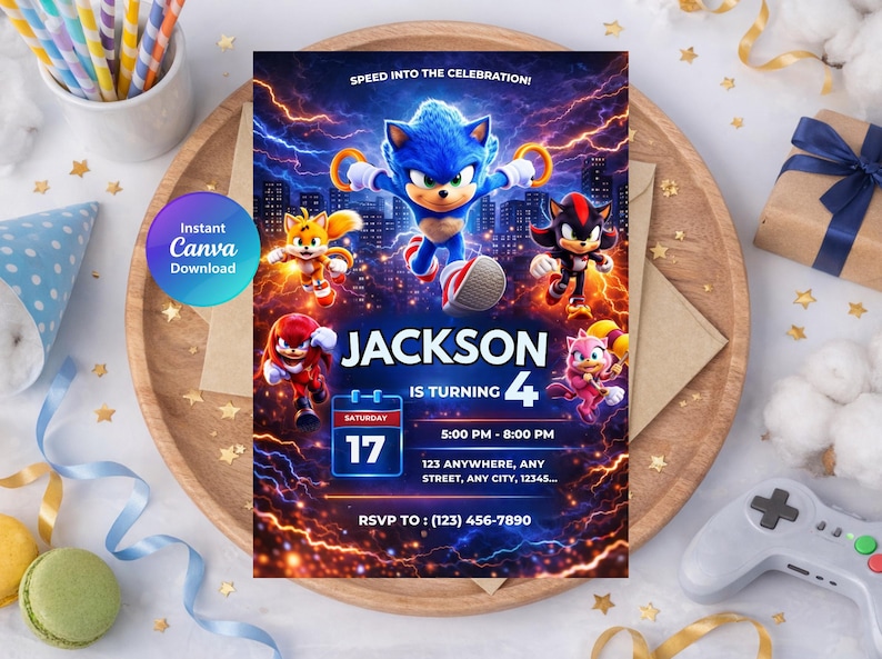 Sonic Birthday Invitation, Sonic Theme Party Invite, Editable 5x7 Inch, Digital Canva instant Download image 1