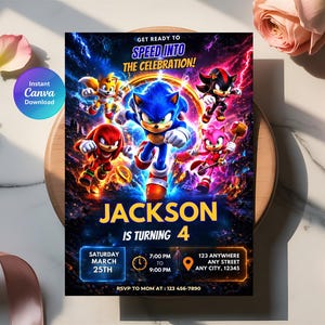 May include: A vibrant invitation featuring Sonic the Hedgehog and friends, with the text "JACKSON IS TURNING 4." The design includes event details: date, time, and location. The invitation is a Canva download.