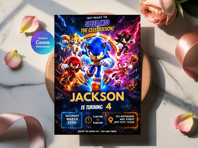 May include: A vibrant invitation featuring Sonic the Hedgehog and friends, with the text "JACKSON IS TURNING 4." The design includes event details: date, time, and location. The invitation is a Canva download.