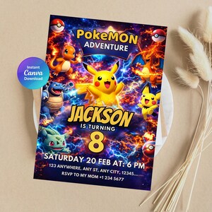May include: A vibrant Pokemon-themed birthday invitation featuring Pikachu and other characters. The invitation includes the text "Pokemon Adventure", the name "Jackson", and the number "8". The date and time are also included.