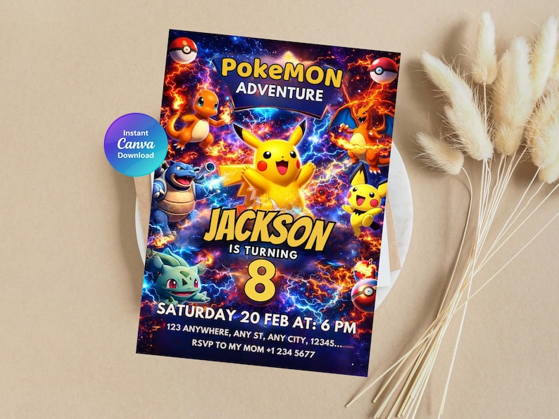 May include: A vibrant Pokemon-themed birthday invitation featuring Pikachu and other characters. The invitation includes the text "Pokemon Adventure", the name "Jackson", and the number "8". The date and time are also included.