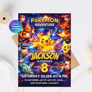 May include: A vibrant birthday invitation featuring various Pokemon characters, including Pikachu. The design includes the text "PokeMON Adventure" and "Jackson is turning 8". The invitation is set against a colorful, electric background with the date and time.