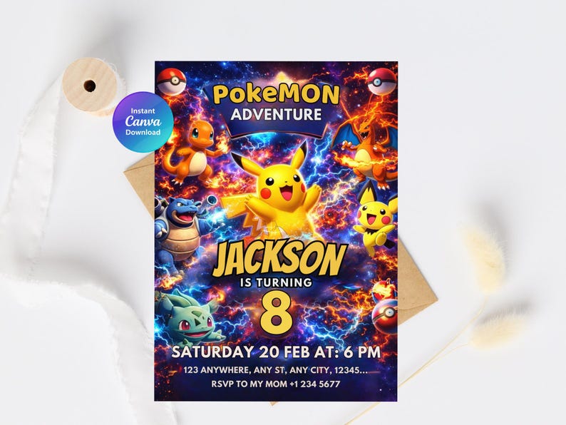 May include: A vibrant birthday invitation featuring various Pokemon characters, including Pikachu. The design includes the text "PokeMON Adventure" and "Jackson is turning 8". The invitation is set against a colorful, electric background with the date and time.