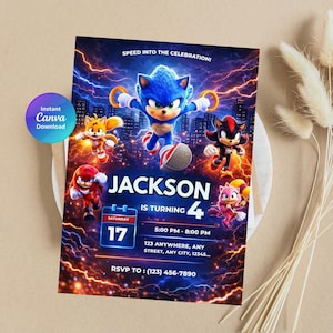 May include: A vibrant birthday invitation featuring Sonic the Hedgehog and friends. The design includes the text "JACKSON IS TURNING 4" and event details. The invitation has a blue and orange color scheme with lightning effects.