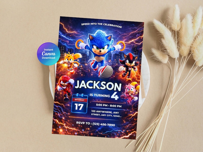 May include: A vibrant birthday invitation featuring Sonic the Hedgehog and friends. The design includes the text "JACKSON IS TURNING 4" and event details. The invitation has a blue and orange color scheme with lightning effects.