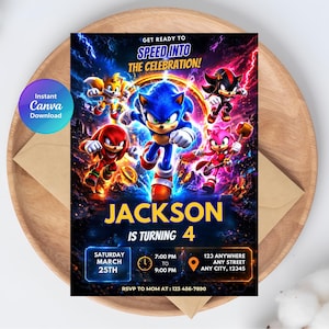 May include: A colorful invitation featuring Sonic the Hedgehog and friends. The invitation includes the text "Get Ready to Speed Into the Celebration!" and "Jackson is Turning 4." Details include date, time, and location. A Canva download is available.