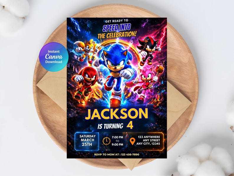 May include: A colorful invitation featuring Sonic the Hedgehog and friends. The invitation includes the text "Get Ready to Speed Into the Celebration!" and "Jackson is Turning 4." Details include date, time, and location. A Canva download is available.