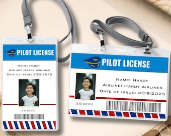 Bearbeitbare Pilotenlizenzvorlage für Kinder, druckbares Aviator ID Abzeichen, Flugzeug-Geburtstagsgeschenk, bearbeiten in Canva, sofortiger Download