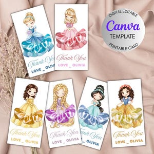 以下が含まれることがあります： プリンセスが描かれた、水彩画イラストのCanvaテンプレート6枚セット。各カードには「Thank You」と「Love Olivia」の文字が書かれています。デジタルテンプレートも利用可能です。