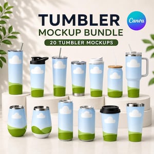 May include: A digital collection of 20 tumbler mockups featuring a light blue sky and green rolling hills pattern with white clouds. The text TUMBLER MOCKUP BUNDLE and 20 TUMBLER MOCKUPS is displayed above various styles of drinkware with lids and straws.